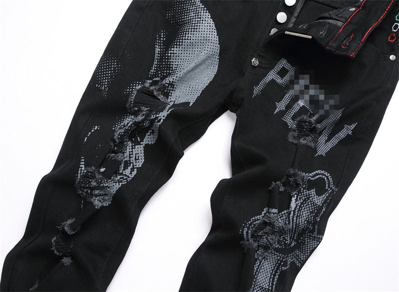 New-PP skull print jeans